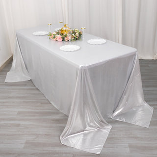 Create Unforgettable Moments with our Silver Shimmer Sequin Dots Tablecloth