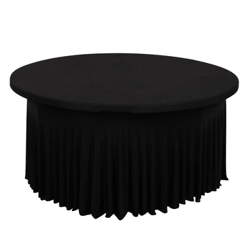 Black Wavy Spandex Fitted Round 1-Piece Tablecloth Table Skirt 5ft, Stretchy Table Cover with Ruffles For 60 In Tables