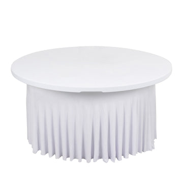 White Wavy Spandex Fitted Round 1-Piece Tablecloth Table Skirt 5ft, Stretchy Table Cover with Ruffles For 60 In Tables