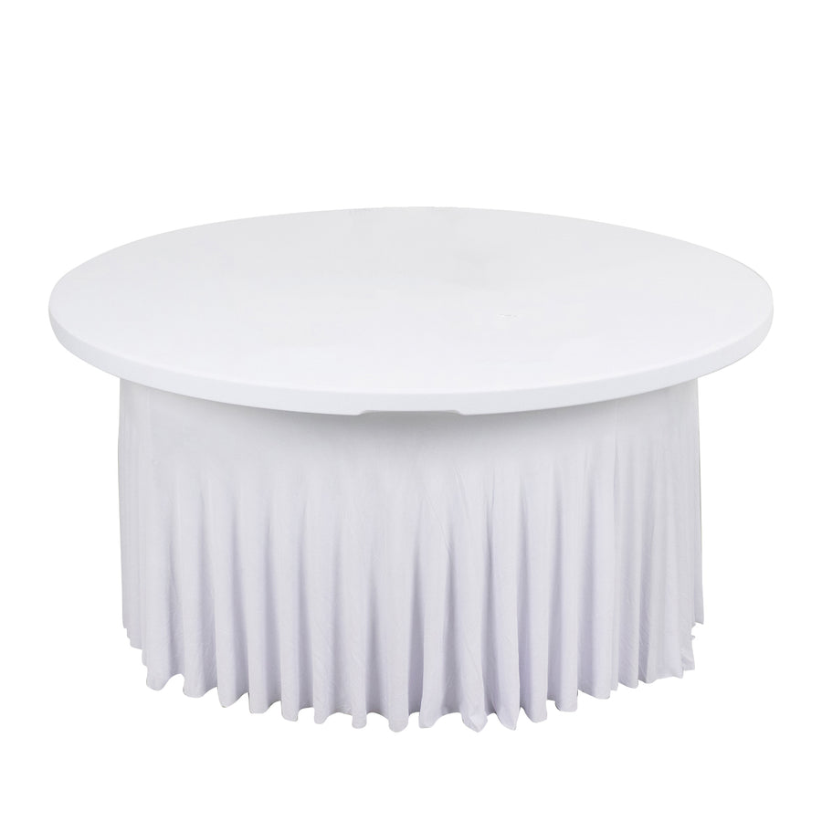 6ft White Wavy Spandex Fitted Round 1-Piece Tablecloth Table Skirt, Stretchy Table Cover Ruffles