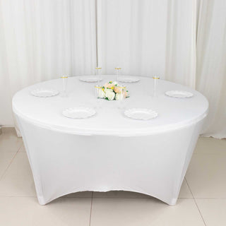 Elevate Your Event with the White Spandex Stretch Fitted Round Tablecloth