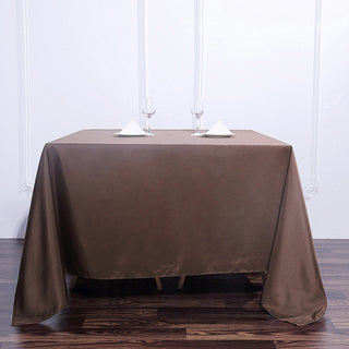 Elevate Your Event Decor with the 90"x90" Chocolate Seamless Square Polyester Tablecloth