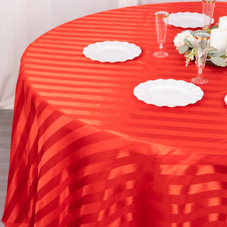 Elevate Your Event Decor with the 120" Red Satin Stripe Seamless Round Tablecloth