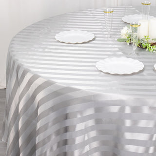 Elevate Your Event with the Silver Satin Stripe Tablecloth