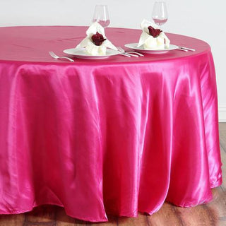 Add a Touch of Elegance with the 108" Fuchsia Seamless Satin Round Tablecloth