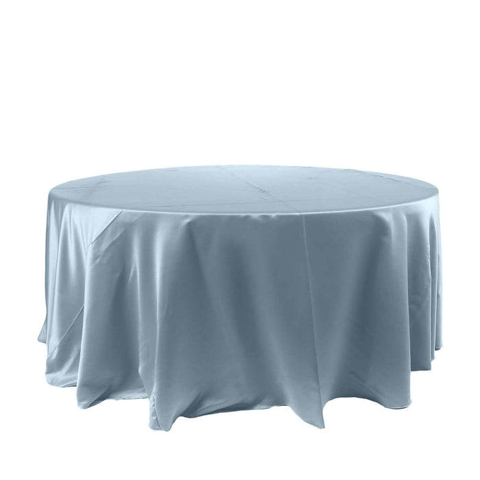 120" Dusty Blue Seamless Satin Round Tablecloth for 5 Foot Table With Floor-Length Drop