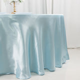 120inch Light Blue Smooth Seamless Satin Round Tablecloth for 5 Foot Table With Floor-Length Drop