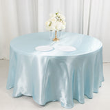 120inch Light Blue Smooth Seamless Satin Round Tablecloth for 5 Foot Table With Floor-Length Drop