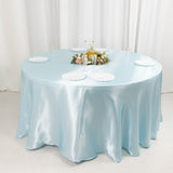 120inch Light Blue Smooth Seamless Satin Round Tablecloth for 5 Foot Table With Floor-Length Drop