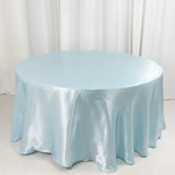 120inch Light Blue Smooth Seamless Satin Round Tablecloth for 5 Foot Table With Floor-Length Drop