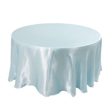 120" Light Blue Smooth Seamless Satin Round Tablecloth for 5 Foot Table With Floor-Length Drop