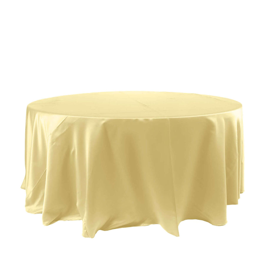 120" Champagne Seamless Satin Round Tablecloth for 5 Foot Table With Floor-Length Drop