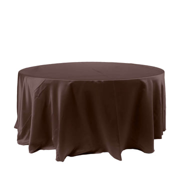 120" Chocolate Seamless Satin Round Tablecloth for 5 Foot Table With Floor-Length Drop