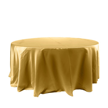 120" Gold Seamless Satin Round Tablecloth for 5 Foot Table With Floor-Length Drop