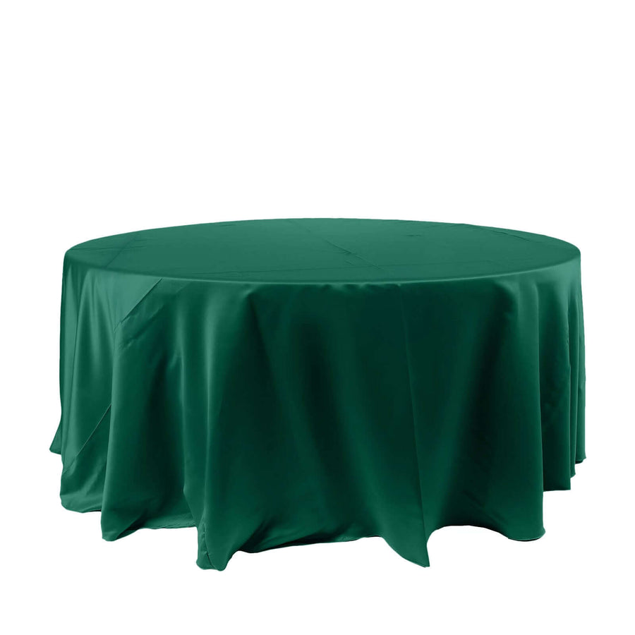 120" Hunter Emerald Green Seamless Satin Round Tablecloth for 5 Foot Table With Floor-Length Drop