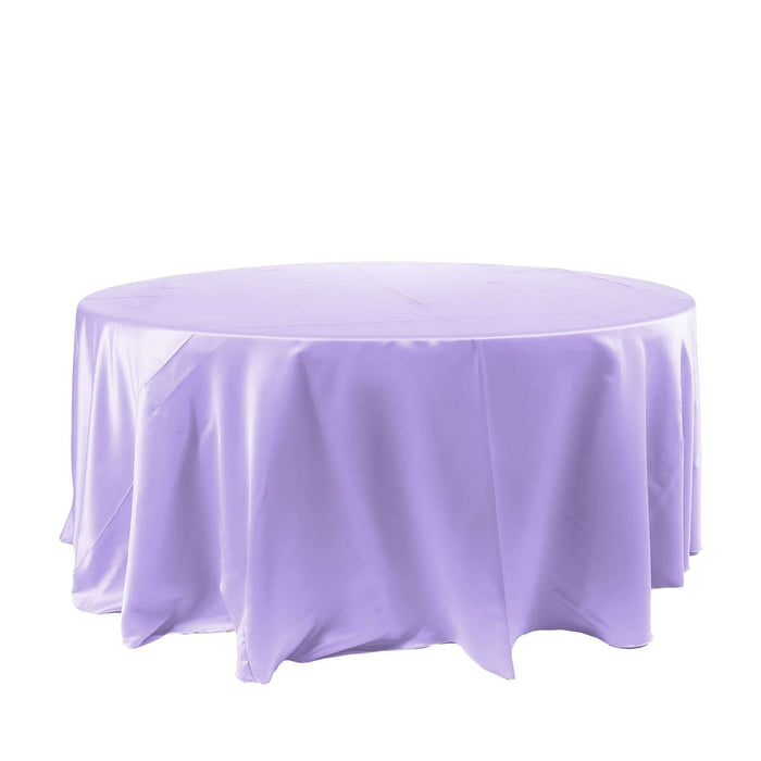 120" Lavender Lilac Seamless Satin Round Tablecloth for 5 Foot Table With Floor-Length Drop