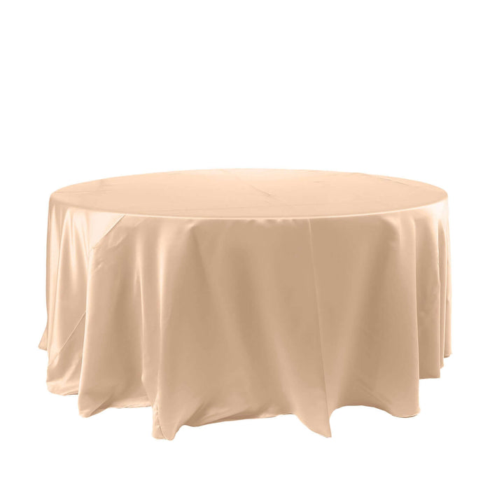 120" Nude Seamless Satin Round Tablecloth for 5 Foot Table With Floor-Length Drop