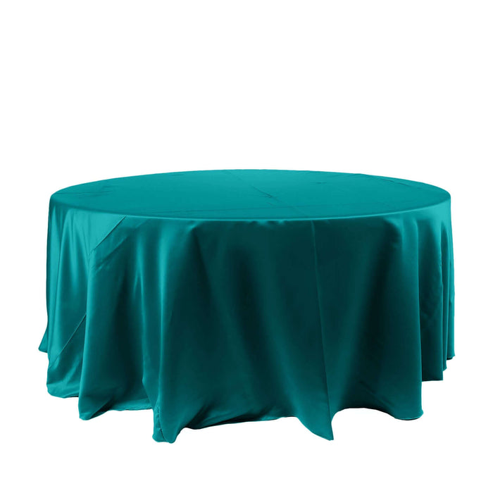 120" Peacock Teal Seamless Satin Round Tablecloth for 5 Foot Table With Floor-Length Drop