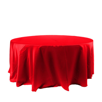 120" Red Seamless Satin Round Tablecloth for 5 Foot Table With Floor-Length Drop