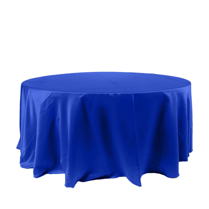 120" Royal Blue Seamless Satin Round Tablecloth for 5 Foot Table With Floor-Length Drop