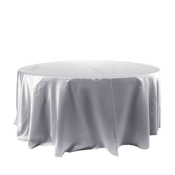 120" Silver Seamless Satin Round Tablecloth for 5 Foot Table With Floor-Length Drop