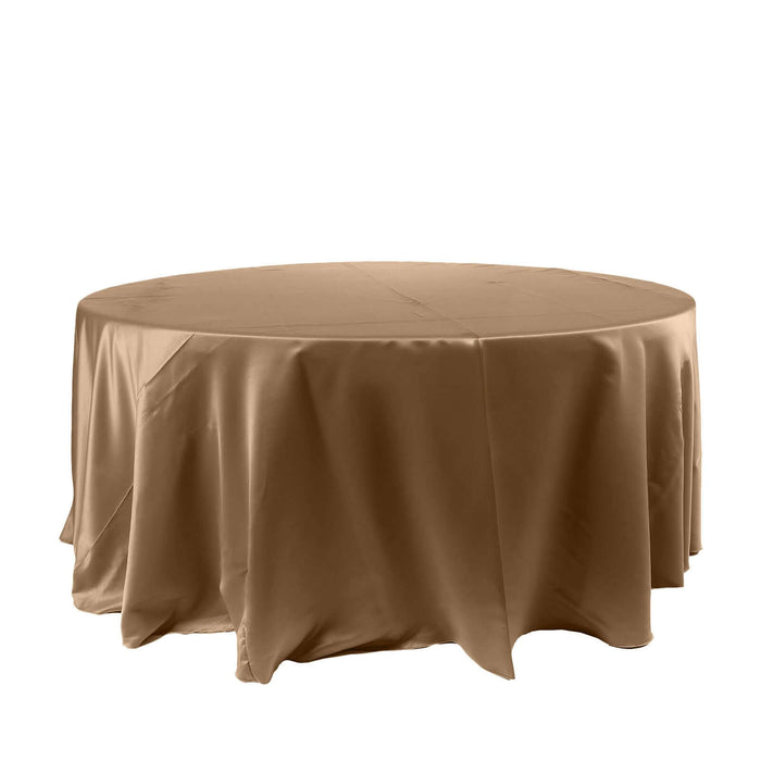 120" Taupe Smooth Seamless Satin Round Tablecloth for 5 Foot Table With Floor-Length Drop