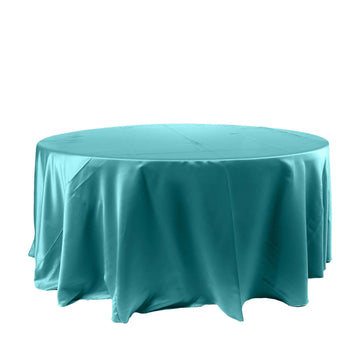 120" Turquoise Seamless Satin Round Tablecloth for 5 Foot Table With Floor-Length Drop