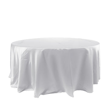 120" White Seamless Satin Round Tablecloth for 5 Foot Table With Floor-Length Drop