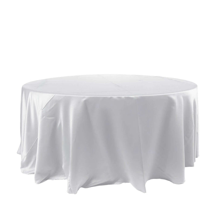 120" White Seamless Satin Round Tablecloth for 5 Foot Table With Floor-Length Drop