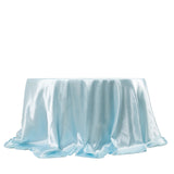 132inch Light Blue Seamless Satin Round Tablecloth for 6 Foot Table With Floor-Length Drop