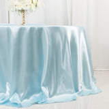 132inch Light Blue Seamless Satin Round Tablecloth for 6 Foot Table With Floor-Length Drop