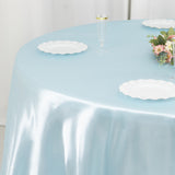 132inch Light Blue Seamless Satin Round Tablecloth for 6 Foot Table With Floor-Length Drop