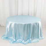 132inch Light Blue Seamless Satin Round Tablecloth for 6 Foot Table With Floor-Length Drop