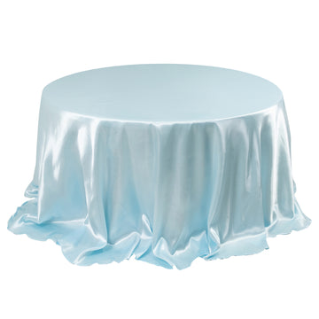 132" Light Blue Seamless Satin Round Tablecloth for 6 Foot Table With Floor-Length Drop