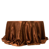 132inch Cinnamon Brown Seamless Satin Round Tablecloth for 6 Foot Table With Floor-Length Drop