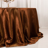 132inch Cinnamon Brown Seamless Satin Round Tablecloth for 6 Foot Table With Floor-Length Drop