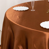 132inch Cinnamon Brown Seamless Satin Round Tablecloth for 6 Foot Table With Floor-Length Drop