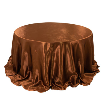 132" Cinnamon Brown Seamless Satin Round Tablecloth for 6 Foot Table With Floor-Length Drop