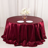 Burgundy Seamless Satin Round Tablecloth 132inch for 6 Foot Table With Floor-Length Drop