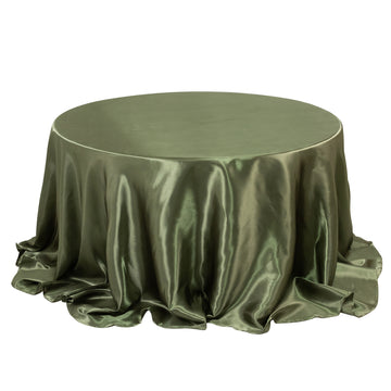 132" Dusty Sage Green Seamless Satin Round Tablecloth for 6 Foot Table With Floor-Length Drop