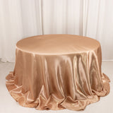 132inch Nude Seamless Satin Round Tablecloth for 6 Foot Table With Floor-Length Drop