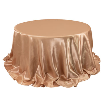 132" Nude Seamless Satin Round Tablecloth for 6 Foot Table With Floor-Length Drop