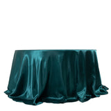 132inch Peacock Teal Seamless Satin Round Tablecloth for 6 Foot Table With Floor-Length Drop