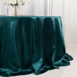 132inch Peacock Teal Seamless Satin Round Tablecloth for 6 Foot Table With Floor-Length Drop