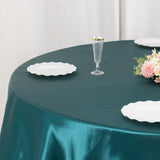 132inch Peacock Teal Seamless Satin Round Tablecloth for 6 Foot Table With Floor-Length Drop