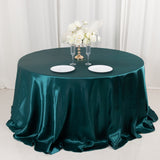 132inch Peacock Teal Seamless Satin Round Tablecloth for 6 Foot Table With Floor-Length Drop