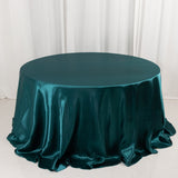 132inch Peacock Teal Seamless Satin Round Tablecloth for 6 Foot Table With Floor-Length Drop