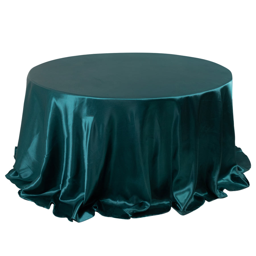 132inch Peacock Teal Seamless Satin Round Tablecloth for 6 Foot Table With Floor-Length Drop