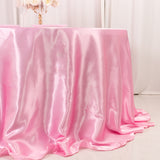 132inch Pink Seamless Satin Round Tablecloth for 6 Foot Table With Floor-Length Drop