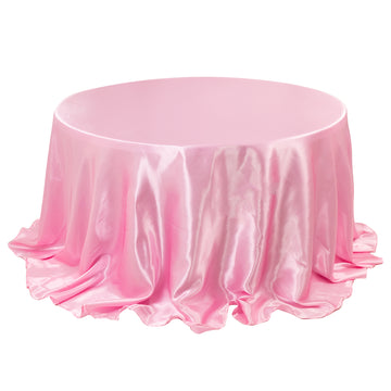 132" Pink Seamless Satin Round Tablecloth for 6 Foot Table With Floor-Length Drop